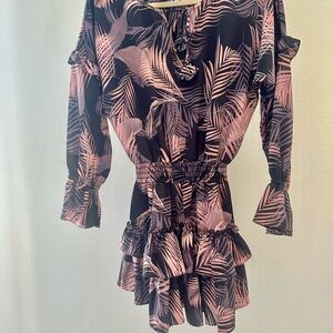 Tropical Leaf Print mini Dress MISA size s pink and black